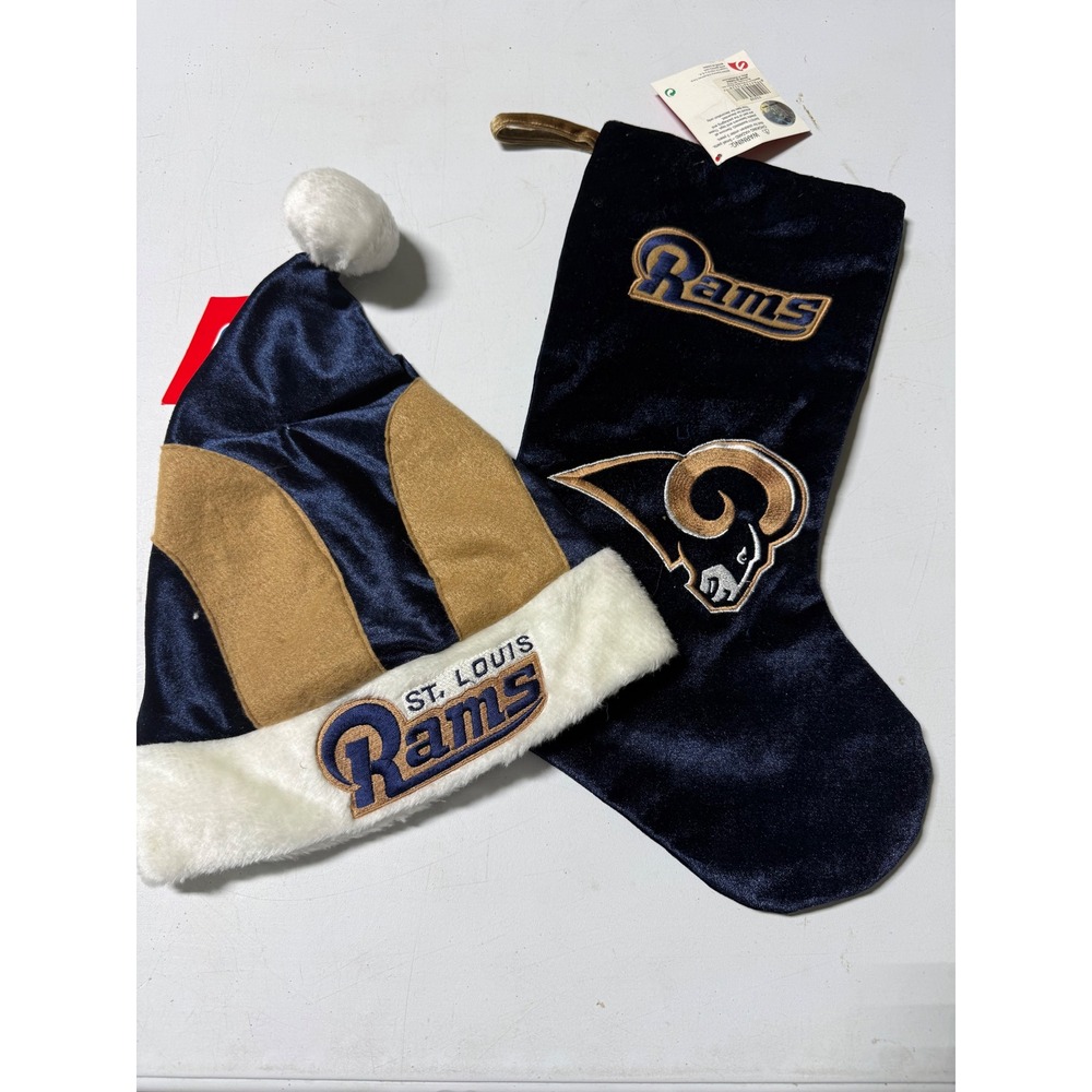 Vintage St Louis Rams NFL Santa Hat and Christmas Stocking Set Navy Gold 2004